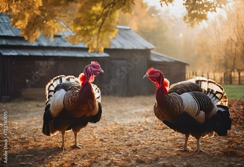 two turkeys walk near a barn in the sun while another sits next to it photo