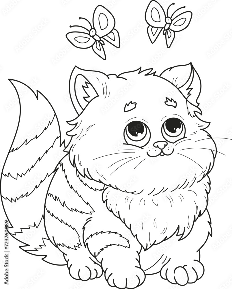 Coloring page outline of cartoon smiling cute beautiful big cat with butterflies. Colorful vector illustration, summer coloring book for kids.