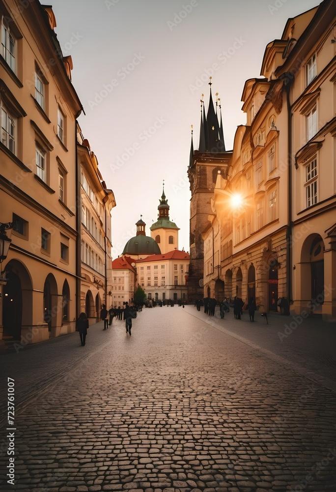 Sunny street in the center of Prague, sunset light, few people, sights