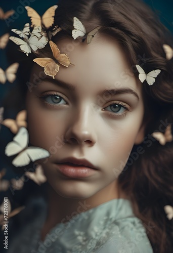Portrait of a girl in neutral colors with butterflies on her face