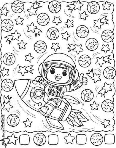 Coloring page outline of the cartoon smiling astronaut in space with planets and stars. Colorful vector illustration of educational game for preschool children, summer coloring book for kids.
