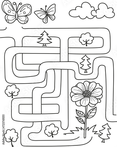 Help the butterflies to find the big flower. Coloring page outline of the cartoon labyrinth. Colorful vector illustration of educational maze game for preschool children, summer coloring book for kids