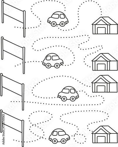 Coloring page outline of cartoon cars. Educational exercise, preschool worksheet for practicing fine motor skills, tracing dashed lines, colorful vector illustration, coloring book for kids.