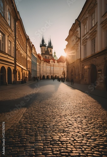 Sunny street in the center of Prague, sunset light, few people, sights