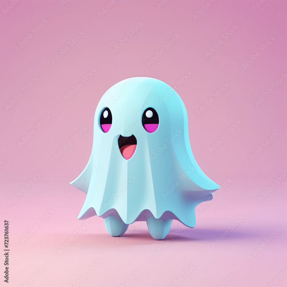 Obraz premium 3D render illustration of small cute adorable friendly Ghost. Happy Halloween banner or party invitation. 3D illustration