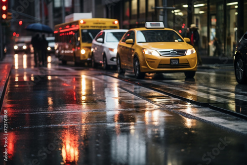 realistics rain's transformative power on city streets, with its wet pavement and reflective surfaces mirroring urban environment, creates a captivating visual contrast that leaves one in awe