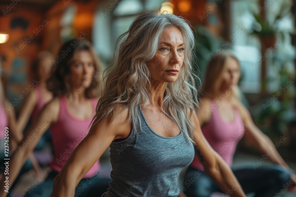 Beautiful senior woman wears sportswear doing exercises on a group training in the gym Beautiful senior woman wears sportswear doing exercises on a group training in the gym