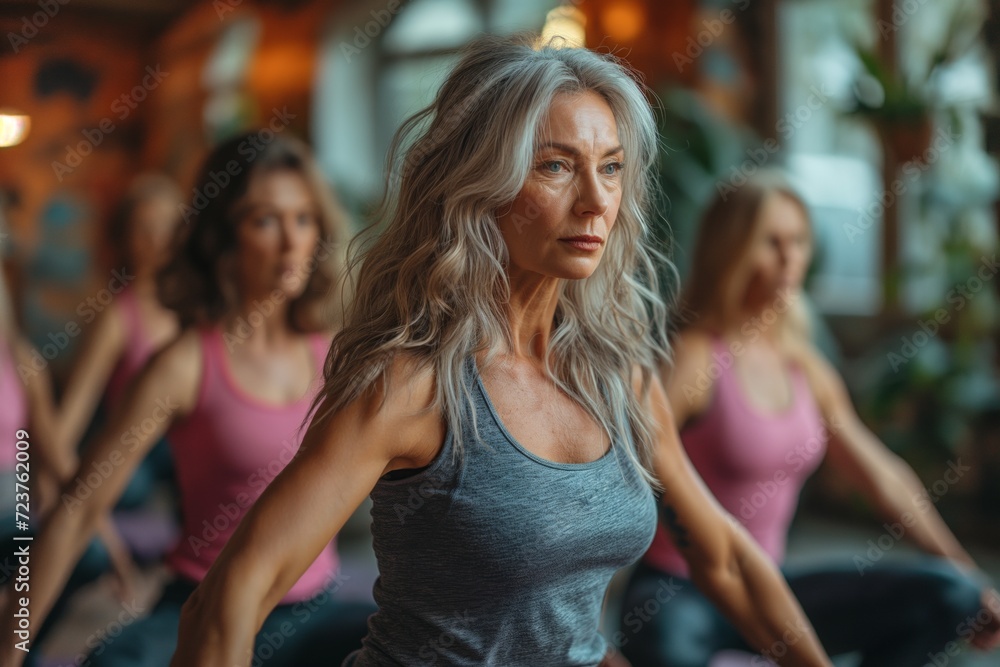 Beautiful senior woman wears sportswear doing exercises on a group training in the gym