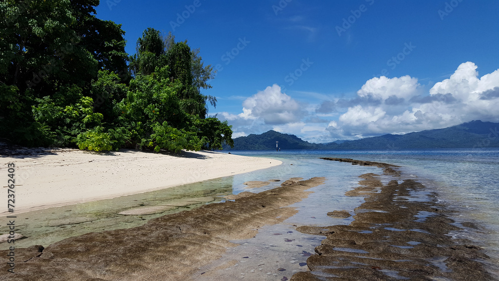 Stunning scenic view of white sandy beach and green trees on the remote tropical island of Bougainville, Papua New Guinea