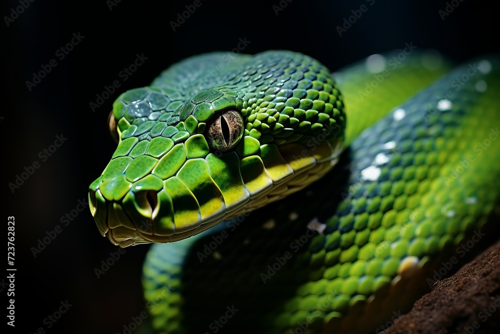 Fototapeta premium Detailed close-up of a vibrant green snake showcasing its unique scales and mesmerizing gaze
