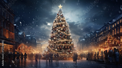 Christmas tree in a town scene with many people in the street