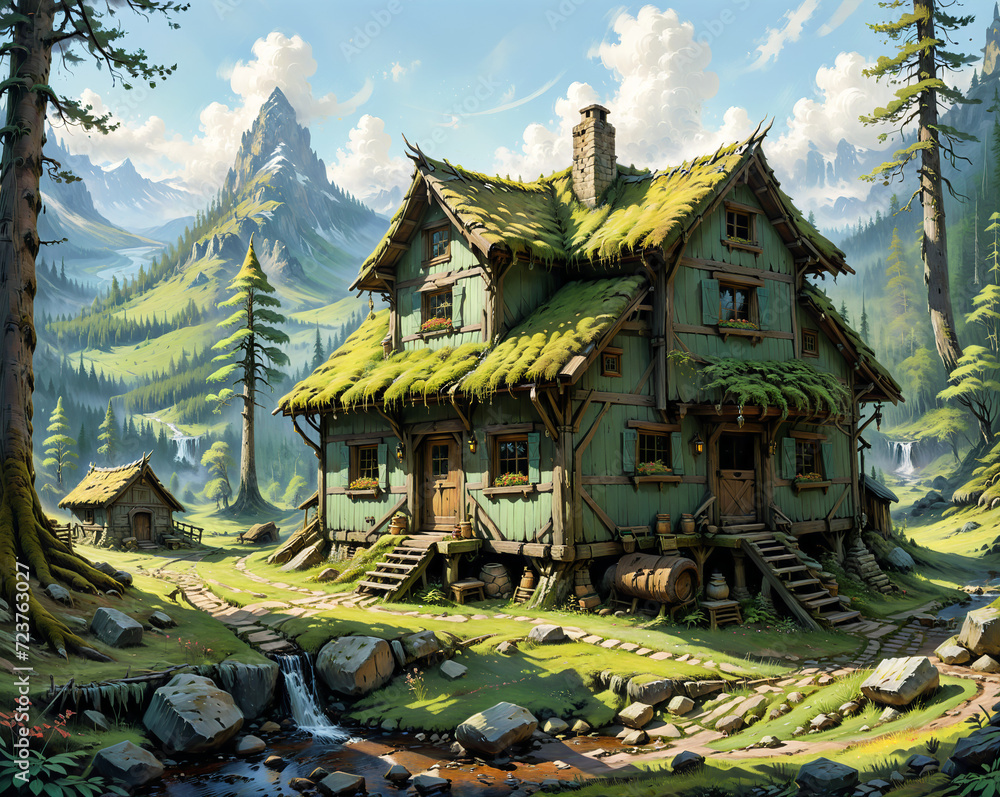 Obraz premium damned old house abandoned and overgrown with green moss . Generated AI