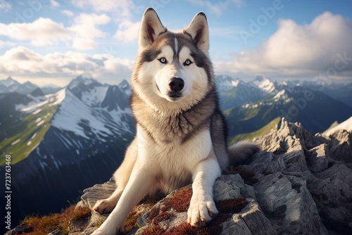 medium shot of siberian husky dog sitting on mountains