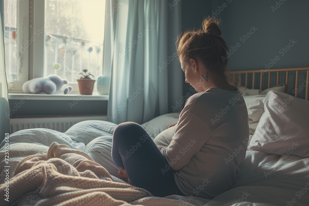 Brown haired young pregnant woman sitting on her bed in front of a window with a melancholic or sad expression Brown haired young pregnant woman sitting on her bed in front of a window with a melancholic or sad expression