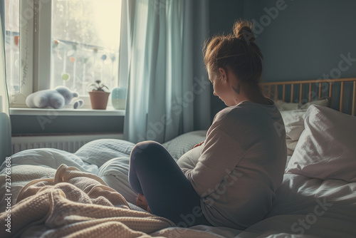 Brown haired young pregnant woman sitting on her bed in front of a window with a melancholic or sad expression photo