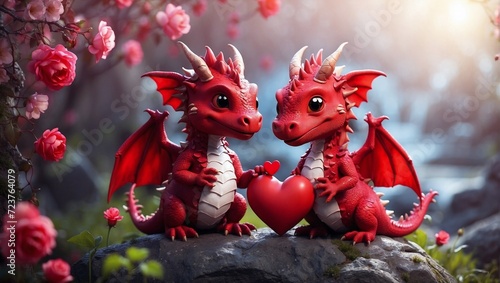 two red dragons hugging a heart  valentine s day . Generated AI