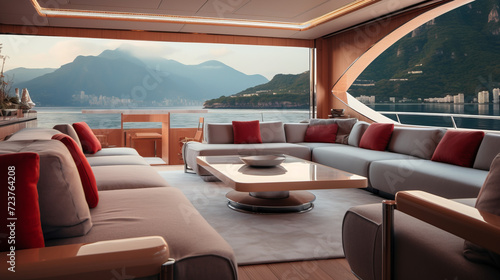 The lounge area on a luxurious yacht created with Generative AI technology photo