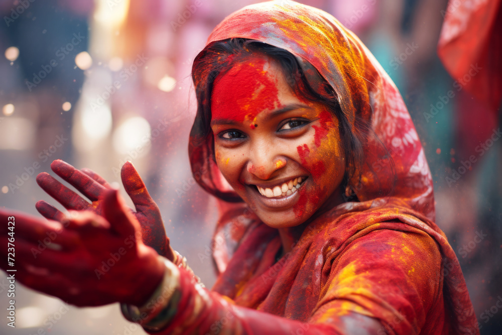 A happy young Indian girl playing the Holi festival with colours in the outdoor A happy young Indian girl playing the Holi festival with colours in the outdoor