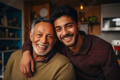 An Indian ethnic young man affectionately holds his father at home