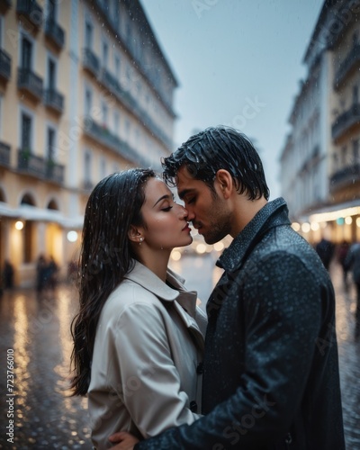 Two young people, a girl and a man kissing in the rain against the backdrop of a rainy city