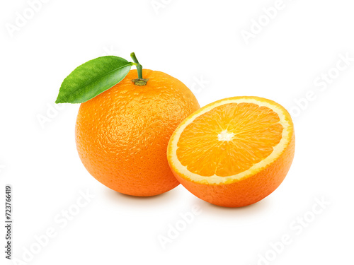 Orange with sliced and green leaves isolated on white background