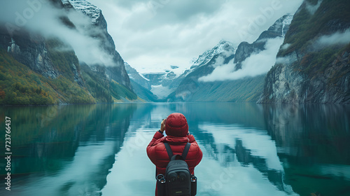 A person capturing a picturesque scene of a serene lake and majestic mountains. This image can be used to depict travel, nature photography, adventure, or wanderlust, generative ai
