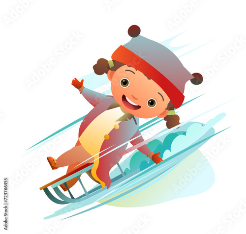 girl rides a sled. Child in winter clothes. Fun frost. Winter clothes. Object isolated on white background. Cartoon fun style Illustration vector