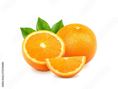 Orange with sliced and green leaves isolated on white background