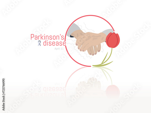 World Parkinson's Day April 11. Hands in the center holding one of them by the tremor, surrounded by a rose symbol of the disease on a white background.