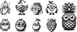 funny cute fruits set, black and white apple strawberry grape, chery, banana, coconut, pear, vector graphics
