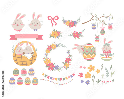 Happy Easter vector set. Cute bunnies, eggs, flowers, and garland. Cartoon spring illustration.