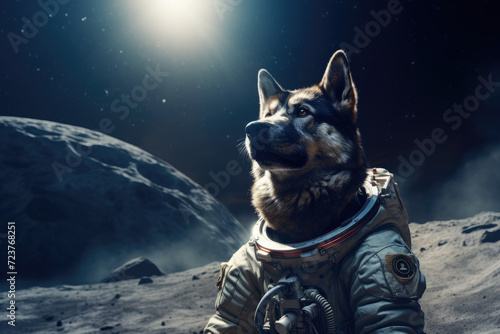 Cute astronaut dog in space with protective suit photo