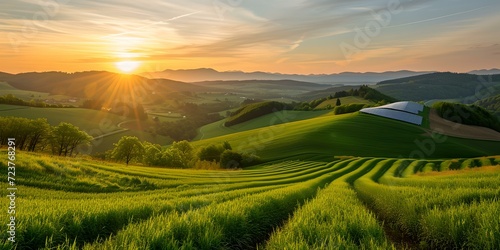 Serene sunrise over rolling hills, vibrant green fields under a golden sky. capturing the tranquility of rural landscapes. ideal for nature-themed backgrounds. AI