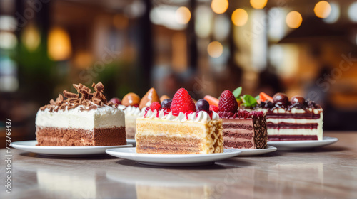 Three different layered frosted slices of cakes close up on the table in a cafe or patisserie, blurred background