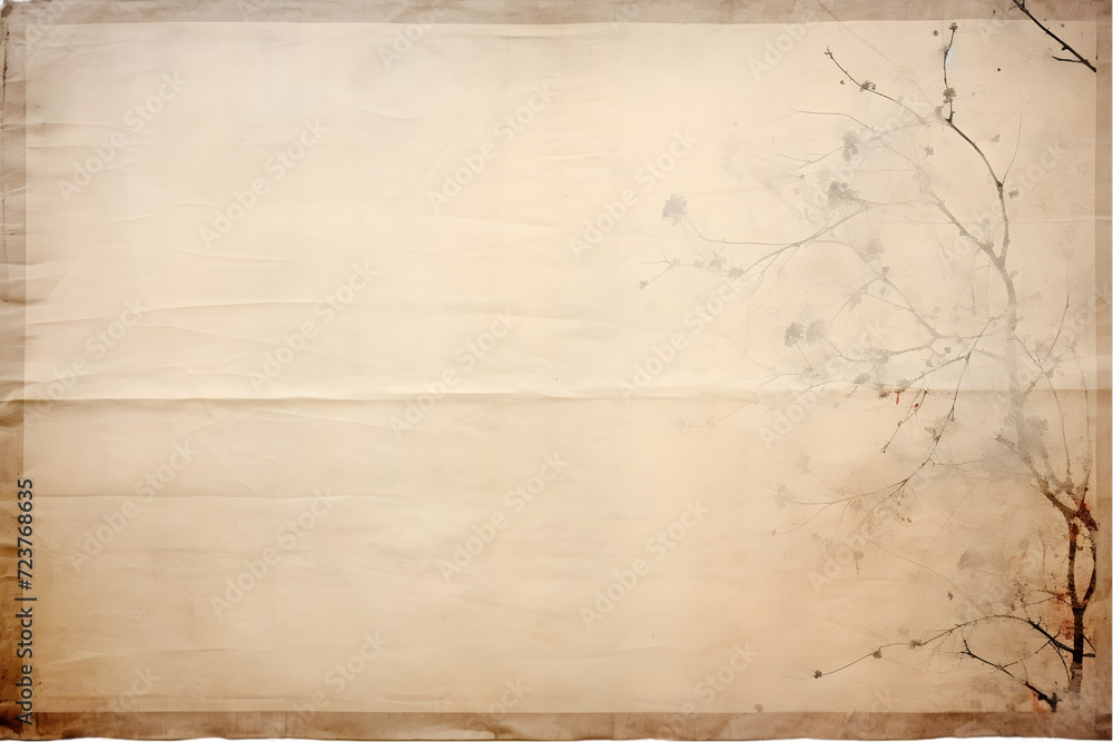 wabi-sabi collage background, hand-made paper stained with natural dye and sumi ink, grungy art backdrop with texture in neutral hues on deckle edged hand made paper isolated on white . Generative AI. - obrazy, fototapety, plakaty 