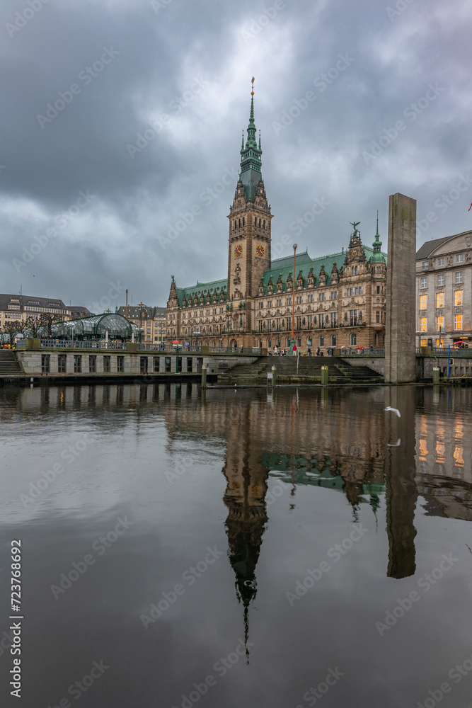 Germany's second largest city Hamburg streets canals and symbolic buildings snow and colorful cloudy sky and daylight in winter Germany's second largest city Hamburg streets canals and symbolic buildings snow and colorful cloudy sky and daylight in winter
