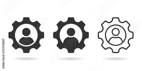 Man in gear icon. Man and cog sign. Manager black icon Flat vector illustration.