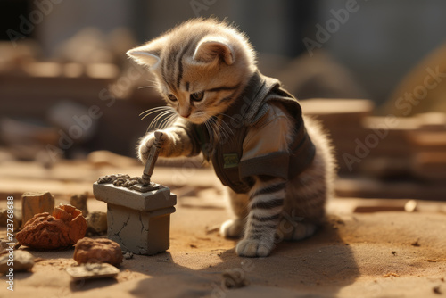 Cute cat in archaeologist suit is working photo