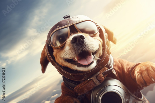 Cute dog in a pilot suit is flying a plane