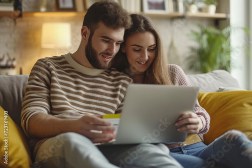 Young couple doing some online shopping at home, using a laptop on the sofa