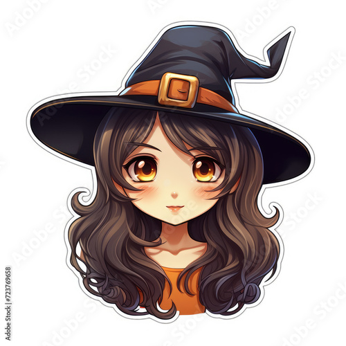 Cute witch broom and witch hat sticker white isolated background