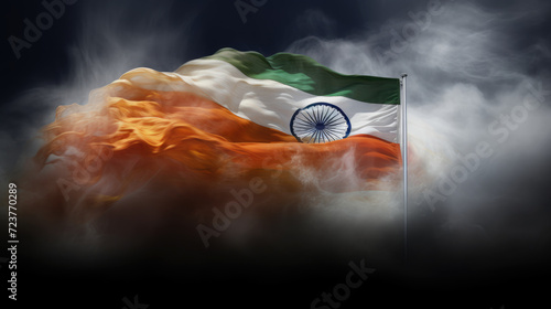 Dark flag in the fog, Independence Day of India, abstract background. Generative ai