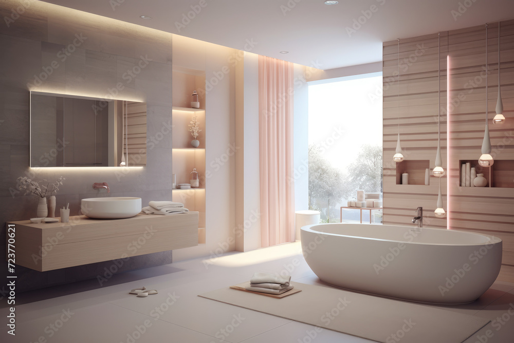 Fototapeta premium Delicate color minimal design decoration modern bathroom interior