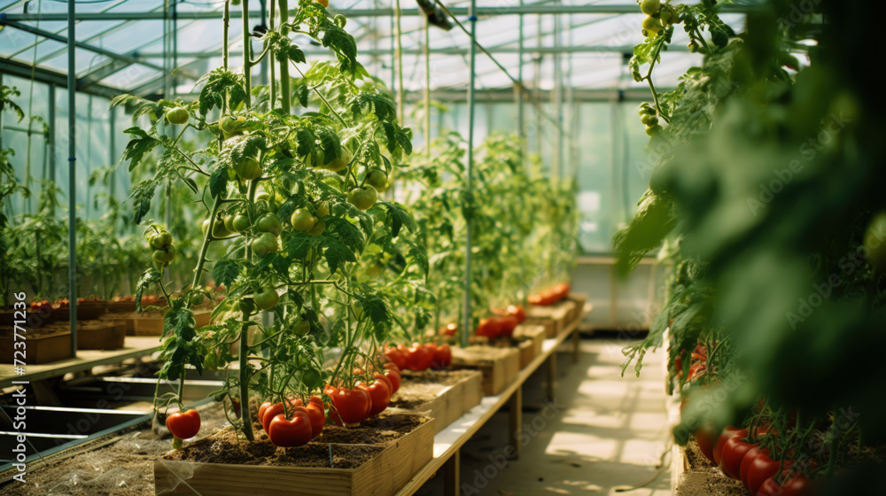 Ripe red tomatoes cluster in greenhouse. Vegetable on organic farm concept . Generative AI Ripe red tomatoes cluster in greenhouse. Vegetable on organic farm concept . Generative AI