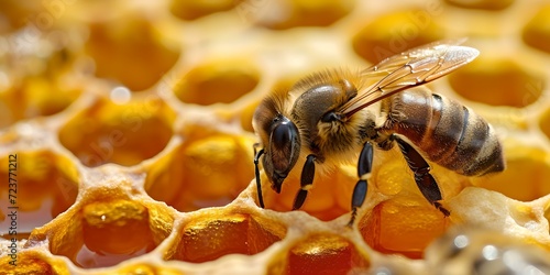 Close-up of a honeybee at work on honeycomb cells. nature's marvel in detail. perfect for educational and environmental projects. AI photo