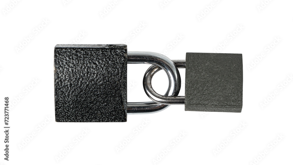 Two Locks Isolated, Black Padlocks Locked Together Two Locks Isolated, Black Padlocks Locked Together