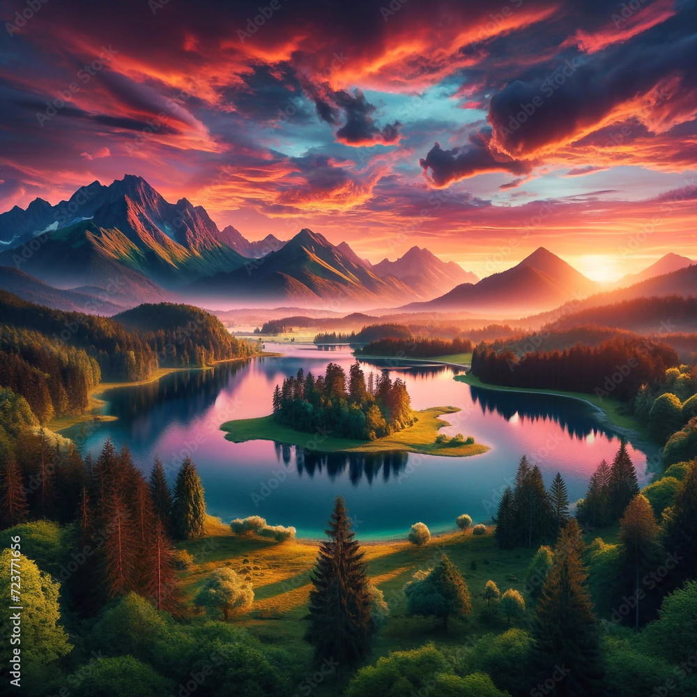 Tranquil sunset landscape. AI generated