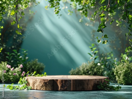 Natural podium product display with leaves tropical forest background