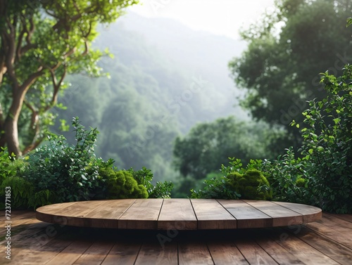 Natural podium product display with leaves tropical forest background