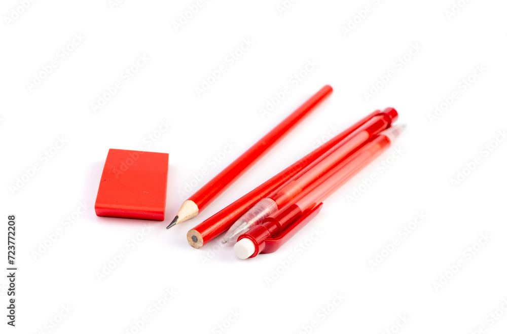 Red Pencil, Pen, Eraser Isolated on WHite Background Red Pencil, Pen, Eraser Isolated on WHite Background
